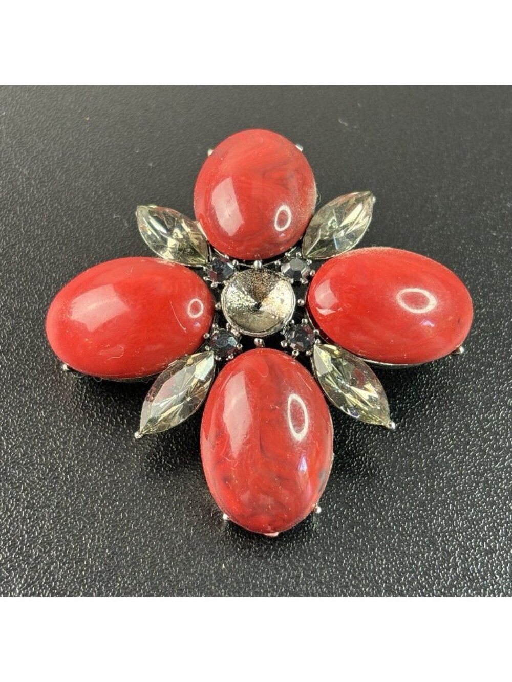 Vintage Floral Red Oval Stones Brooch Pin Flower 2" Jewelry